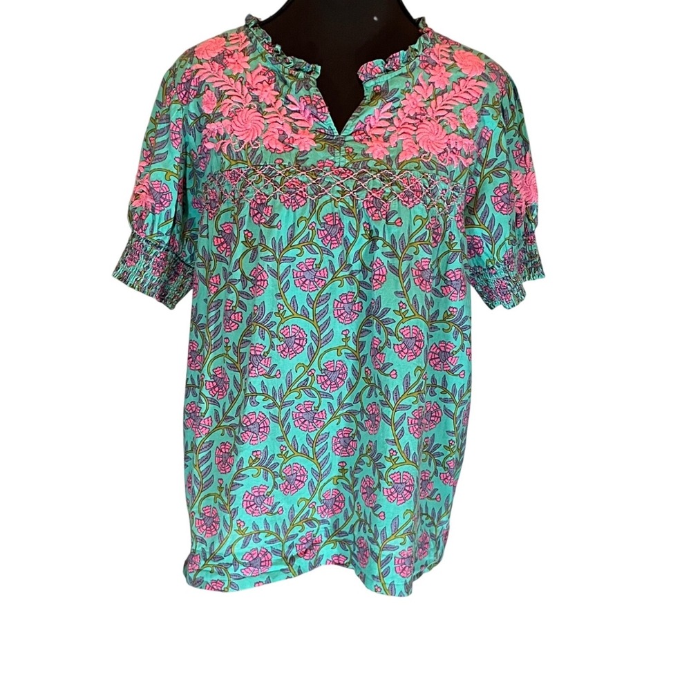 Sister Mary Teal Pink Floral Embroidered Cotton Peasant Blouse Top Medium Boho